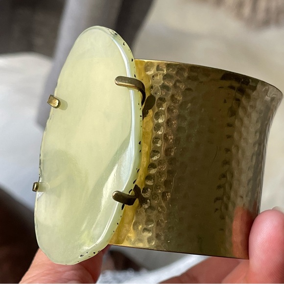 Hammered Brass Cuff Bracelet Adorned with Acrylic Pale Green Stone - Picture 7 of 16